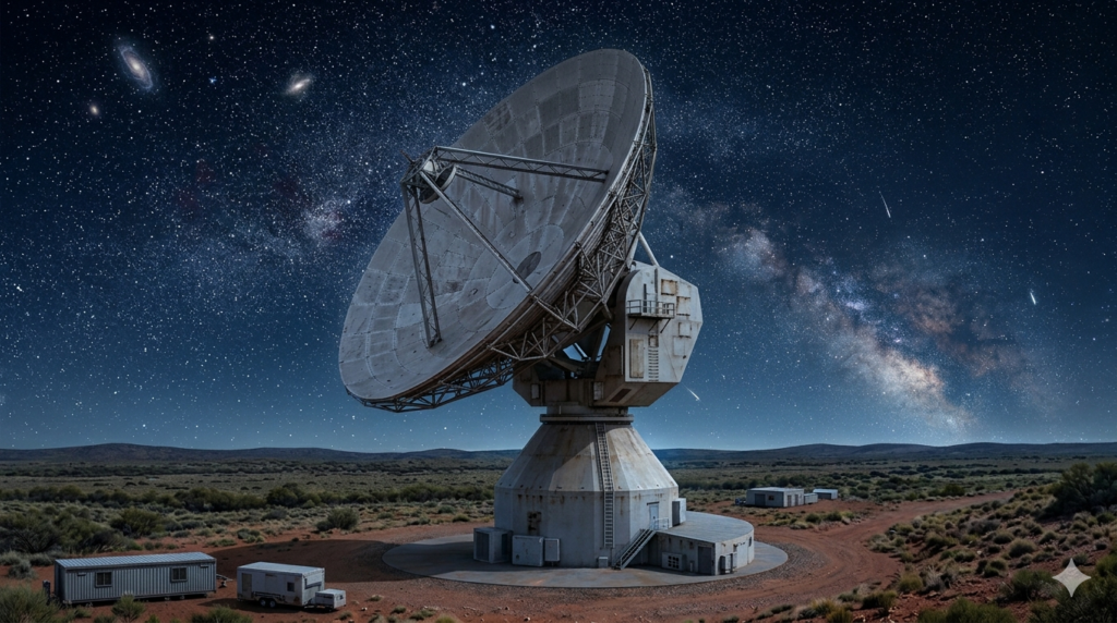 Die Deep Space Antenne DSA 4 unter einem nächtlichen Sternenhimmel