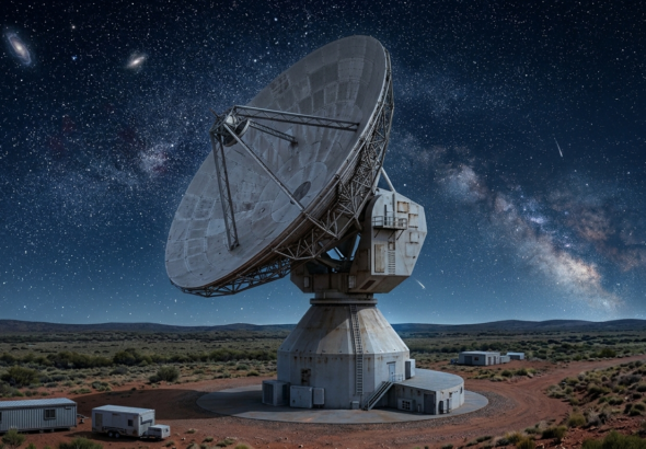 Die Deep Space Antenne DSA 4 unter einem nächtlichen Sternenhimmel