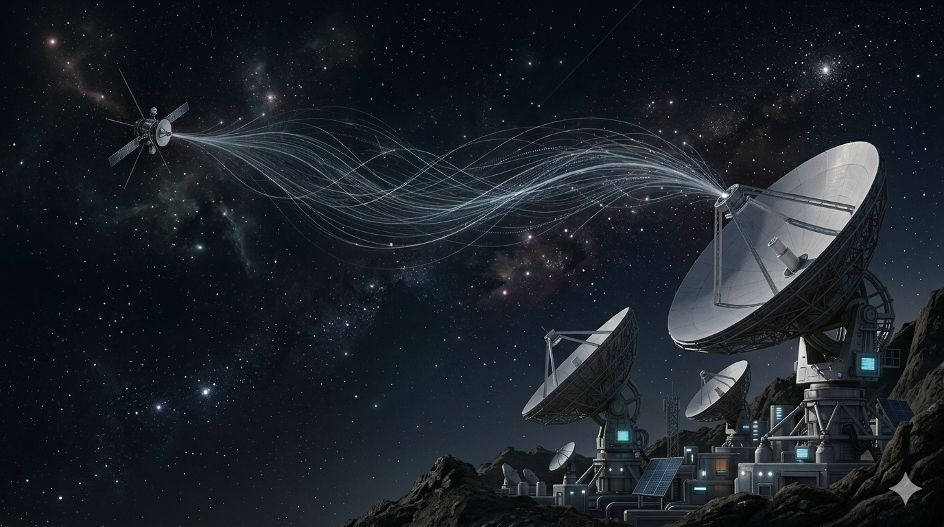 SignalĂŒbertragung zwischen einer Sonde und einer Bodenstation ĂŒber die Deep Space Antennen
