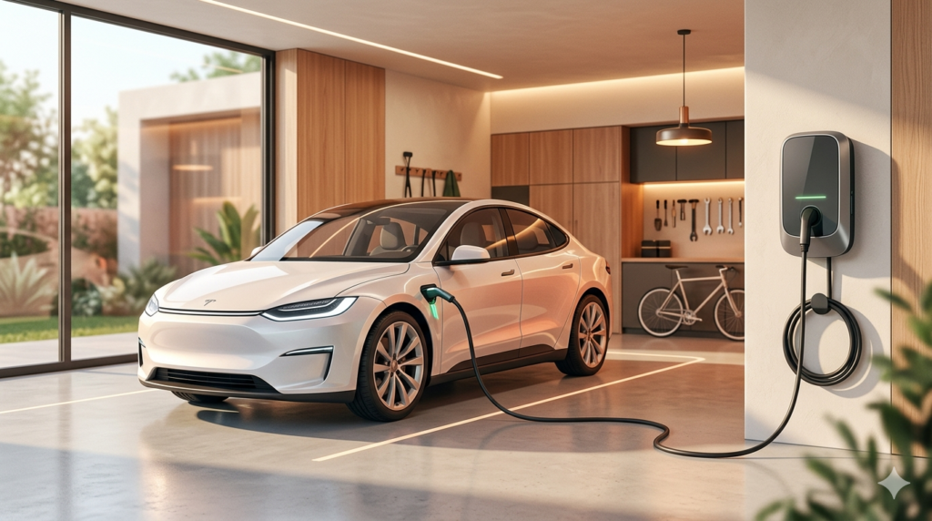 Ein Elektroauto lädt in einer modernen Privatgarage an einer Wallbox
