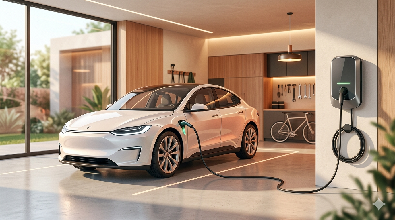 Ein Elektroauto lädt in einer modernen Privatgarage an einer Wallbox