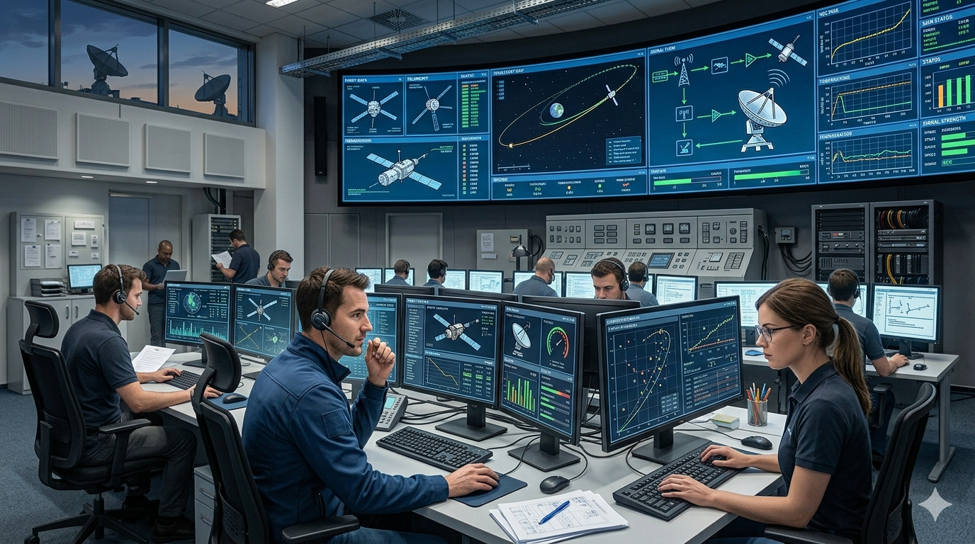 Ingenieure in modernen Kontrollzentrum ĂŒberwachen Raumfahrtmissionen und Raumsonden
