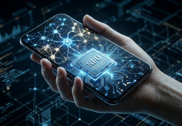 Mikrochip und Smartphone als Symbol für lokale Offline-KI (Edge AI)