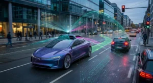 Autonom fahrendes Auto mit visualisierten Sensor- und Navigationsdaten
