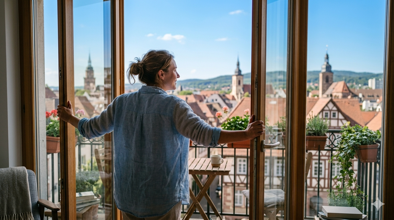 Hitze im Sommer reduzieren - Person öffnet frühmorgens bei Sonnenaufgang weit die Fenster zum Stoßlüften