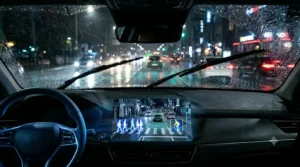 ein autonomes Fahrzeug bei starkem Regen, das dank Quantensensorik präzise navigiert