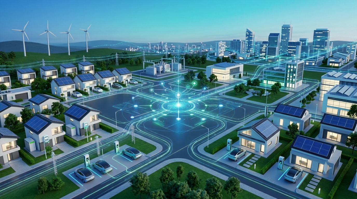 Digitales Smart Grid mit Häusern und Solaranlagen als Symbol für intelligente Stromnetze