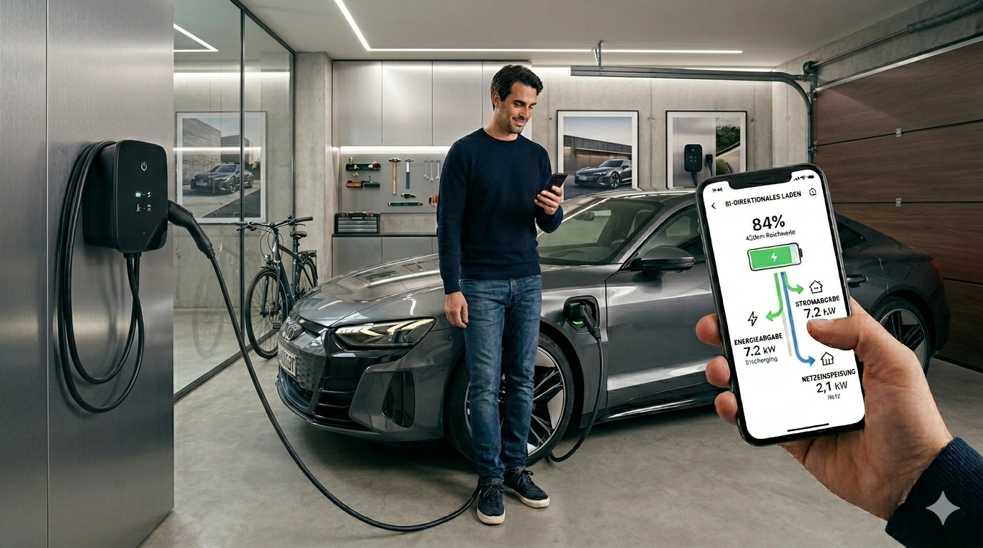 Ein Fahrer nutzt eine App, um das bidirektionale Laden zu steuern