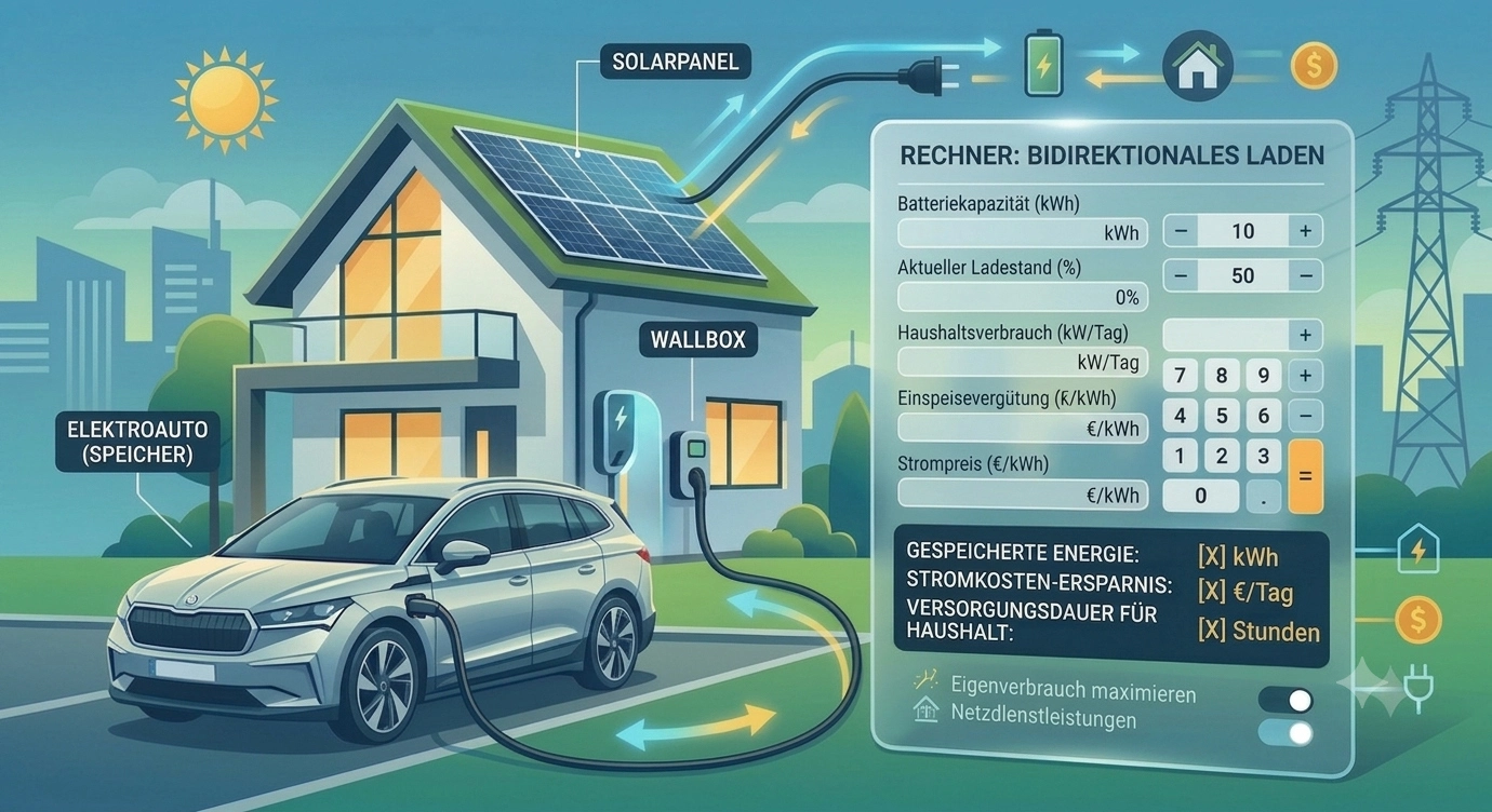 Bidirektionales Laden Rechner zur Berechnung der m&ouml;glichen Ersparnis mit einem E-Auto als Stromspeicher