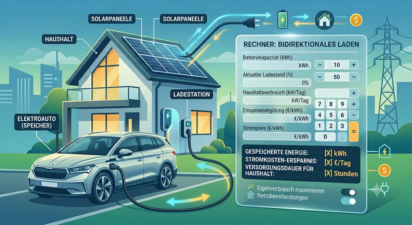 Bidirektionales Laden Rechner zur Berechnung der m&ouml;glichen Ersparnis mit einem E-Auto als Stromspeicher